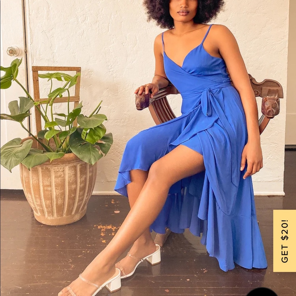 Manhattan Moment Blue Ruffled Midi Wrap Dress